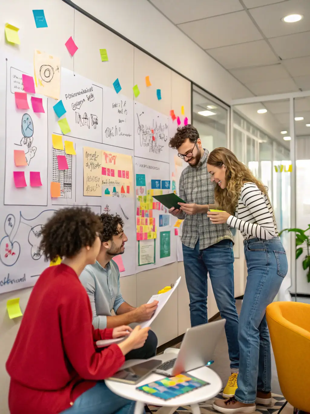 A diverse team of marketing professionals brainstorming ideas around a table, with laptops and marketing materials scattered around.