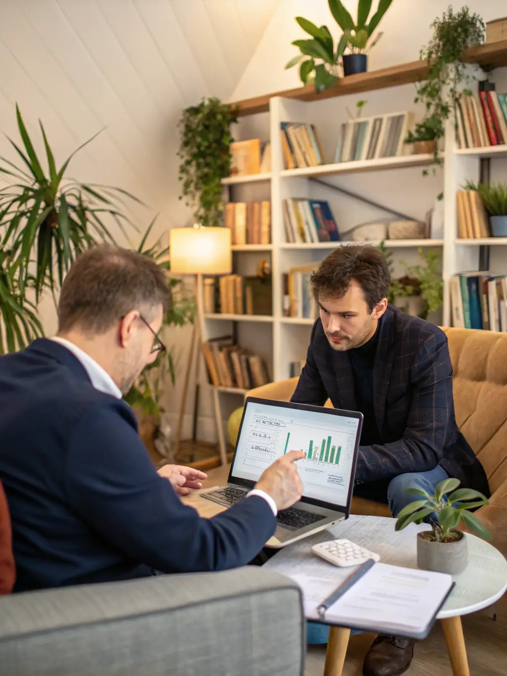 A professional business advisor is meeting with a small business owner in a modern office setting, reviewing financial documents and discussing growth strategies.