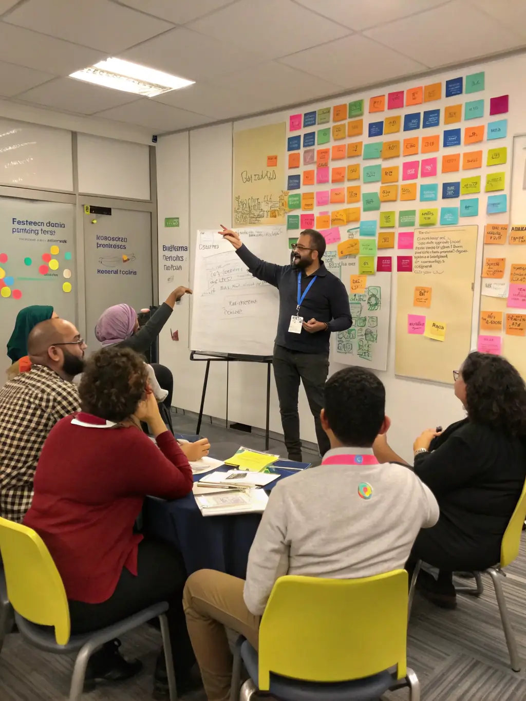 A consultant is leading a workshop on operational efficiency for a group of small business owners, using visual aids and interactive exercises.